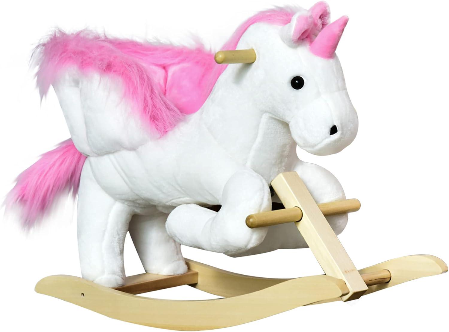 Qaba Kids Rocking Horse, Wooden Plush Ride-On Unicorn Chair Toy with Lullby Song for 18-36 months children