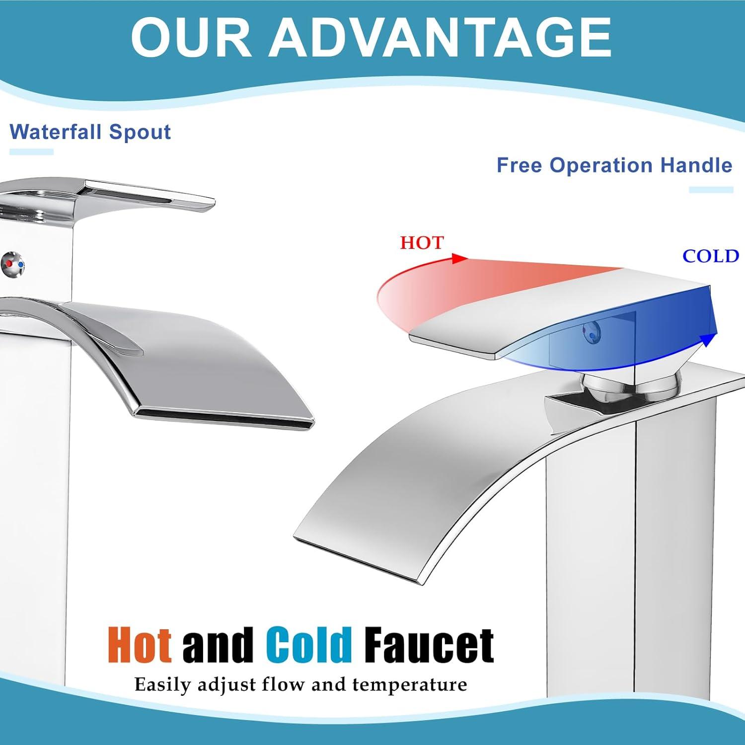 Midanya Waterfall Spout Bathroom Faucet Single Handle 1 Hole Bathroom Sink Faucet,Modern RV Lavatory Vanity Basin Tap with Water Hose,Short Body,Polish Chrome