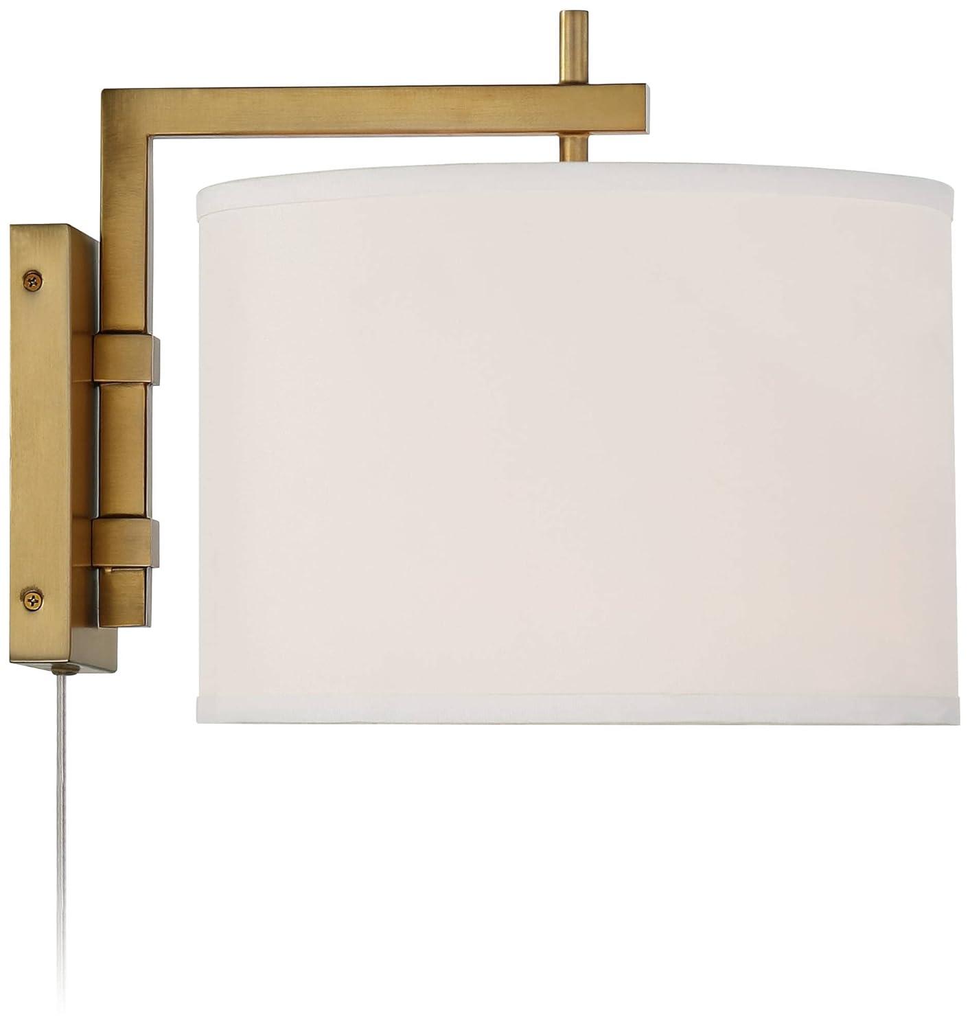 360 Lighting Adair Modern Wall Lamps Set of 2 Warm Brass Metal Plug-in 12" Light Fixture Linen Drum Shade for Bedroom Reading Living Room Hallway Home