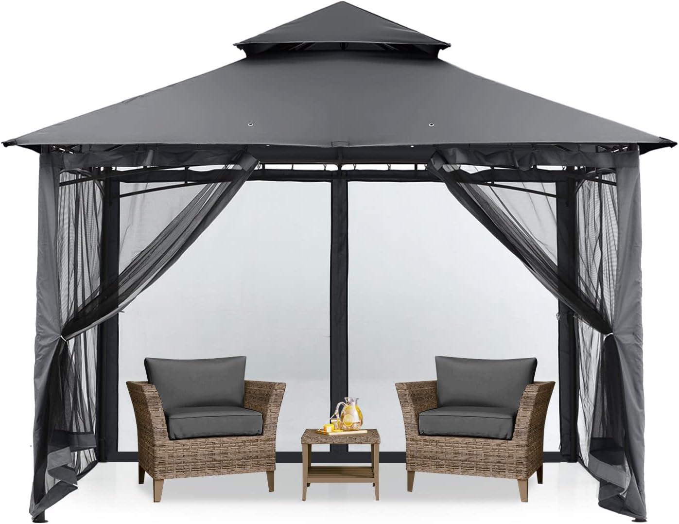 Dark Gray 8x8 Outdoor Gazebo with Steel Frame and Netting