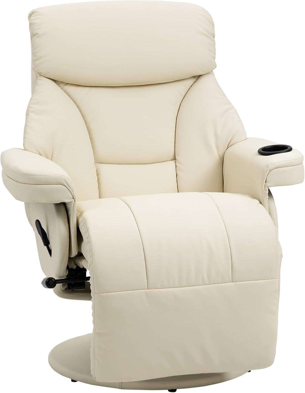 Cream White Faux Leather Swivel Recliner with Cup Holder