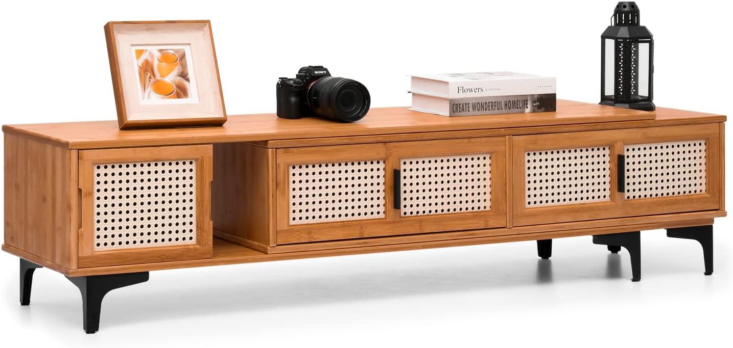 MoNiBloom Bamboo TV Stand with Storage Cabinet, 54" to 82.5" Extendable Length TV Console for Home Living Room