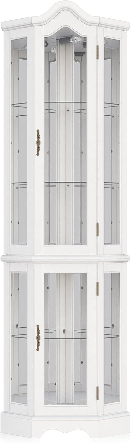 BELLEZE Lighted 3-Side Glass Display Curio Cabinet w/ Tempered Glass Doors and Shelves, Curved Wood Corner Cabinet with Bulb, Corner Storage Decoration Rack for Living room & Bedroom Loraine (White)