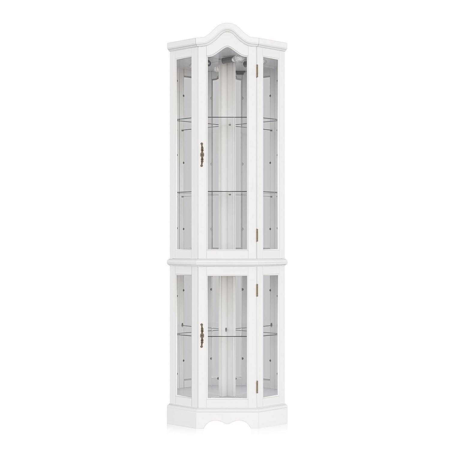 BELLEZE Lighted 3-Side Glass Display Curio Cabinet w/ Tempered Glass Doors and Shelves, Curved Wood Corner Cabinet with Bulb, Corner Storage Decoration Rack for Living room & Bedroom Loraine (White)