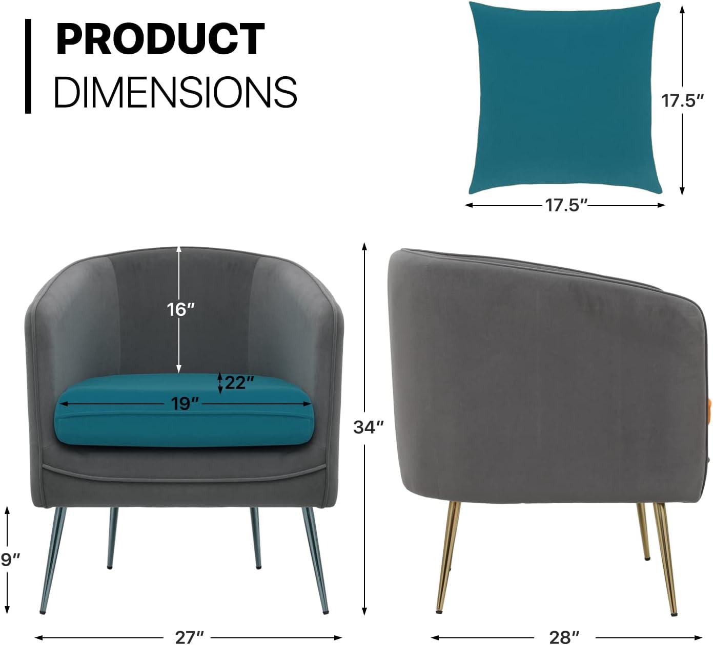 MoNiBloom Accent Barrel Chair, Modern Upholstered Club Armchair, Arm Chair for Living Room Bedroom with Cushion Pillow, Peacock Blue/Grey