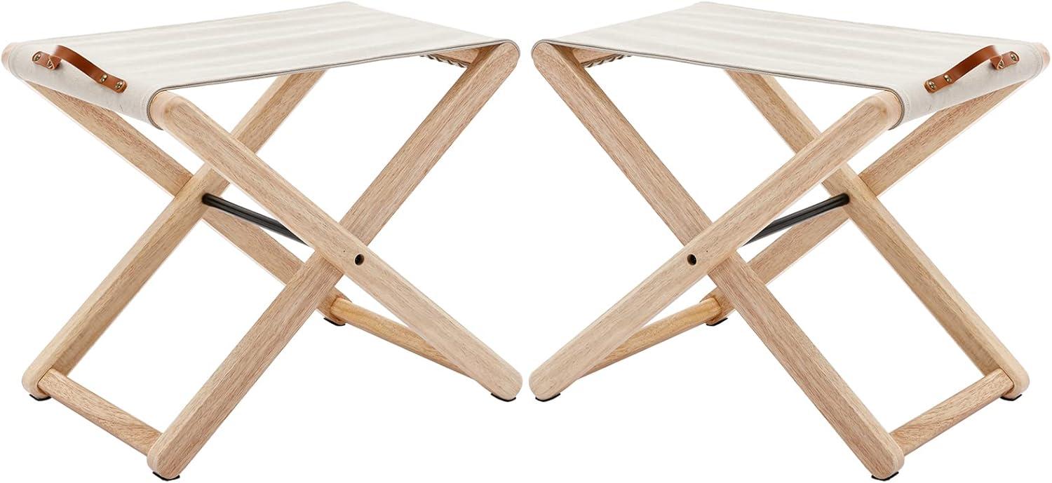 Folding Chairs Patio Stool for Camping Solid Wood Teak and Fabric (Set of 2)