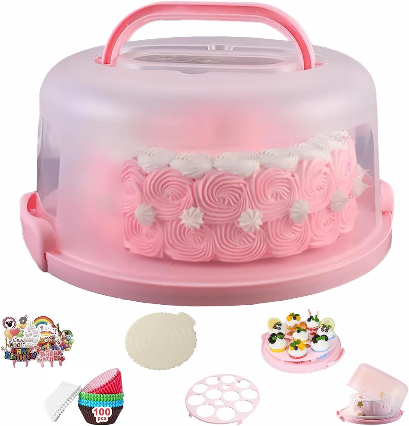 Pink 10-Inch Round Cake Stand with Lid and Handle