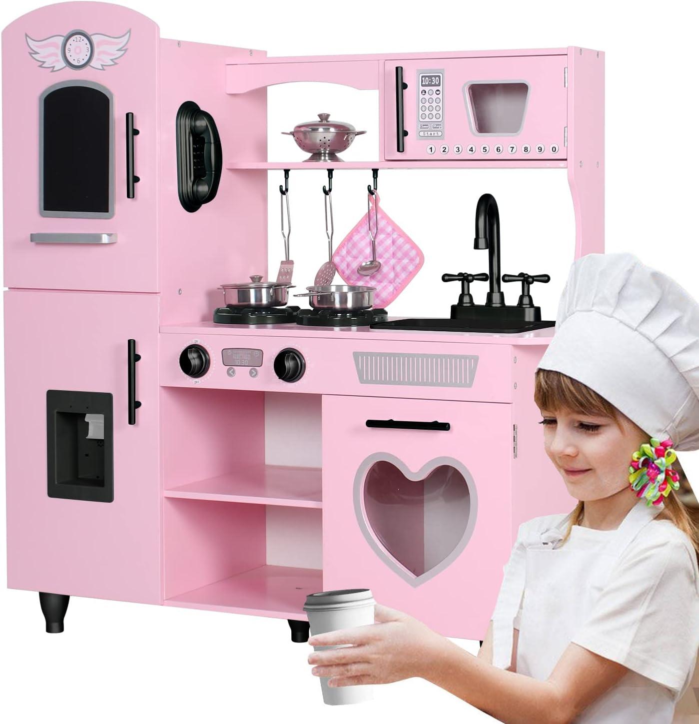 Pink Wooden Play Kitchen Set with LED Lights and Sounds