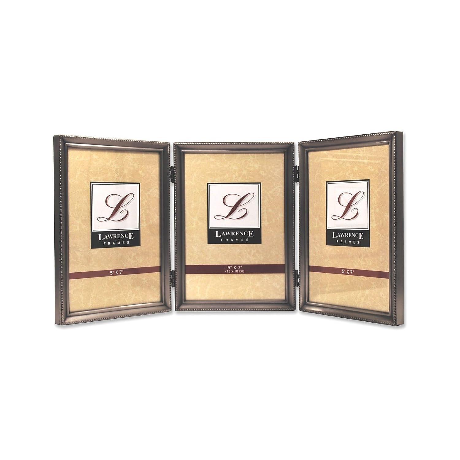 Antique Pewter 5x7 Hinged Triple Picture Frame - Bead Border Design