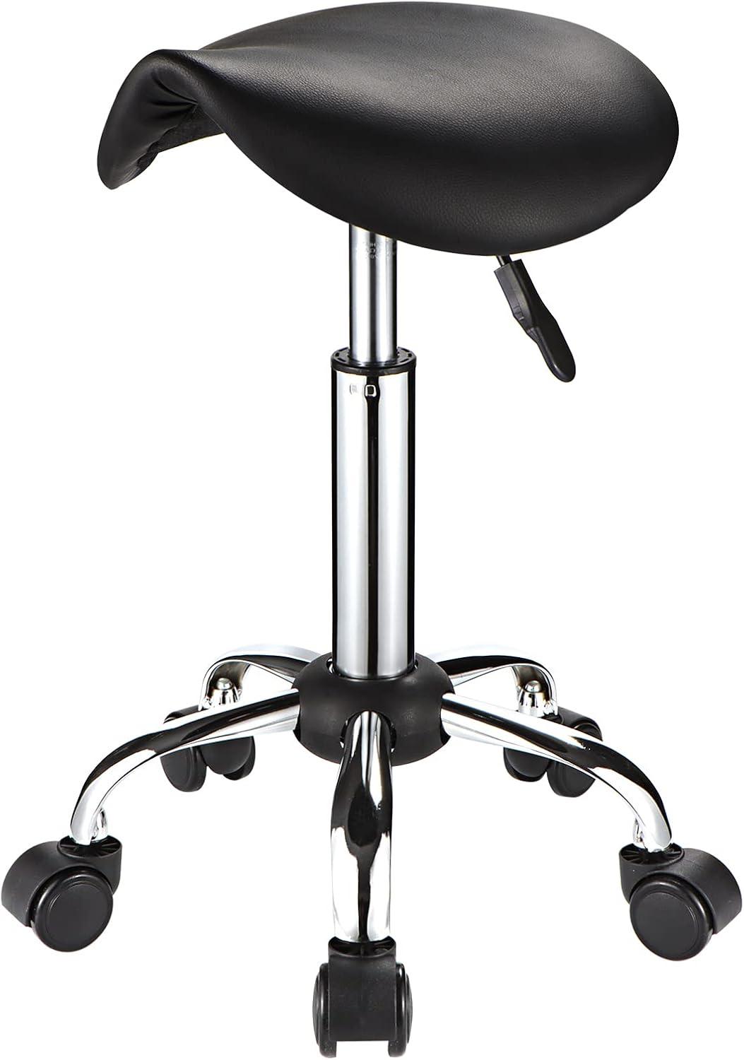 Adjustable Rolling Saddle Stool PU Leather Rolling Stool Salon Chair with Wheels Black