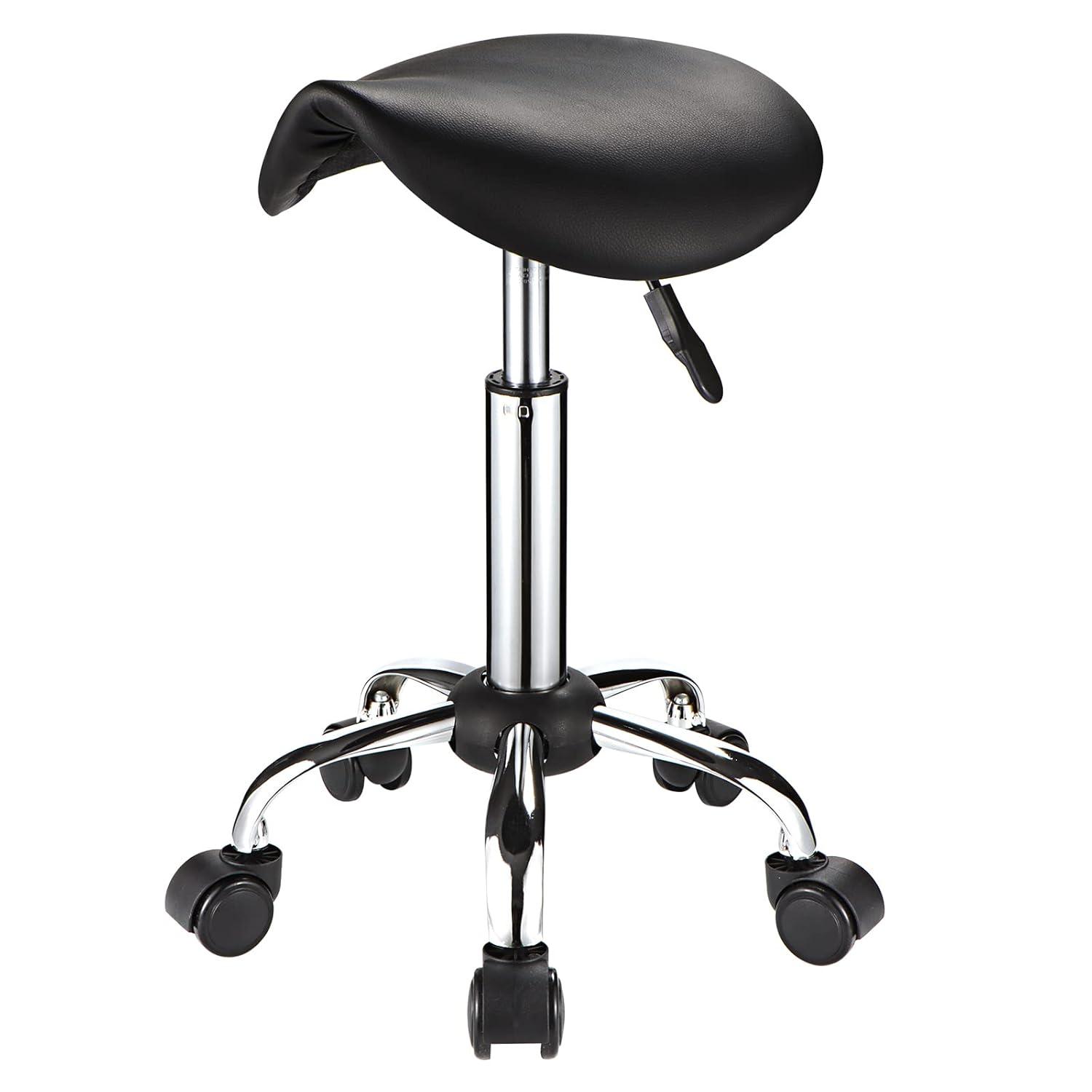 Adjustable Rolling Saddle Stool PU Leather Rolling Stool Salon Chair with Wheels Black
