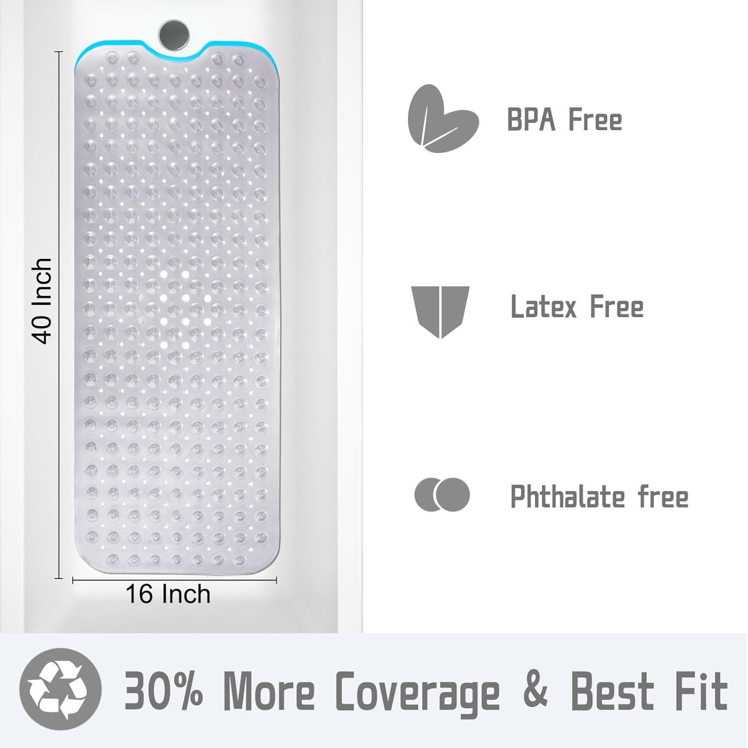 Yimobra Non Slip Bathtub Mat, Super Strong Suction Cups, 40"x16" Extra Long Shower Mat with Drain Holes, Machine Washable Fast Draining Bathroom Floor Mat, Clear Grey