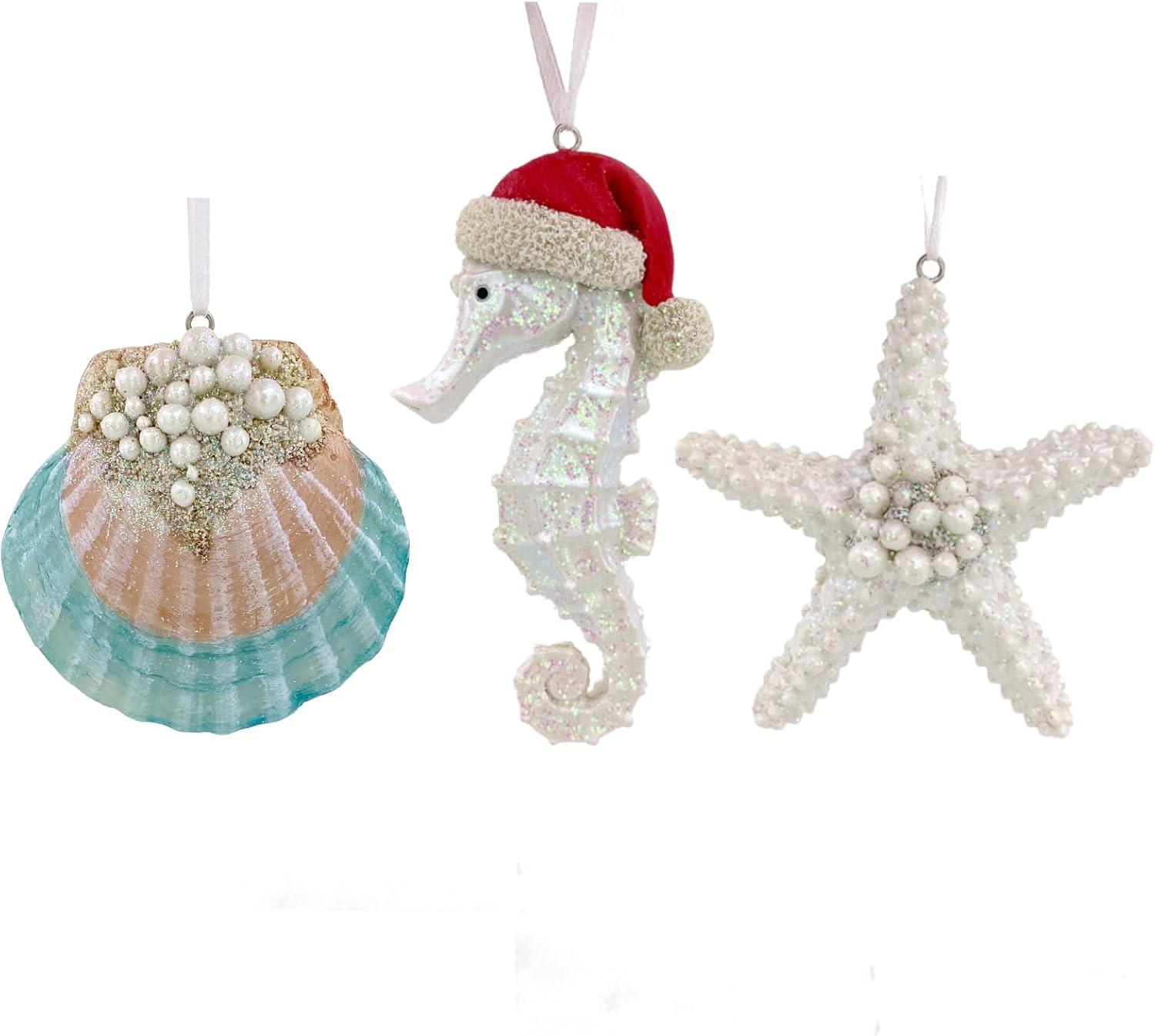 Coastal Resin Starfish Seahorse Clam Shell Christmas Ornaments Set