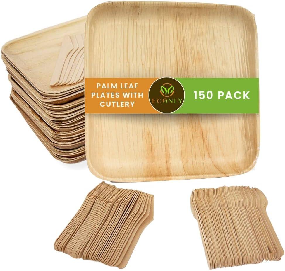 50 Disposable 8" Square Palm Leaf Plates, 50 Wood Forks, 50 Wood Knives - Party Pack of Eco-Friendly Dinnerware
