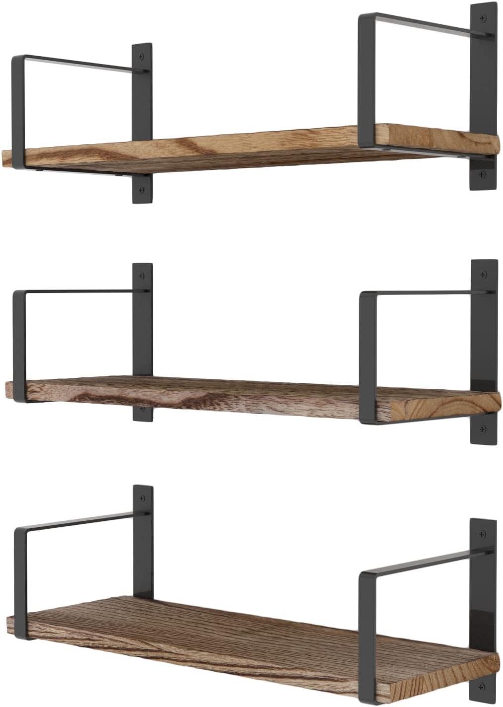 Wallniture  Toledo 17" Wood Shelves for Living Room Décor, Burned Finish, Set of 3