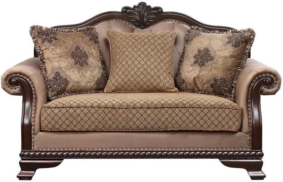 69" Chateau De Ville Fabric Sofa Espresso Finish - Acme Furniture: Carved Wood, Tufted Cushions, Includes 3 Pillows