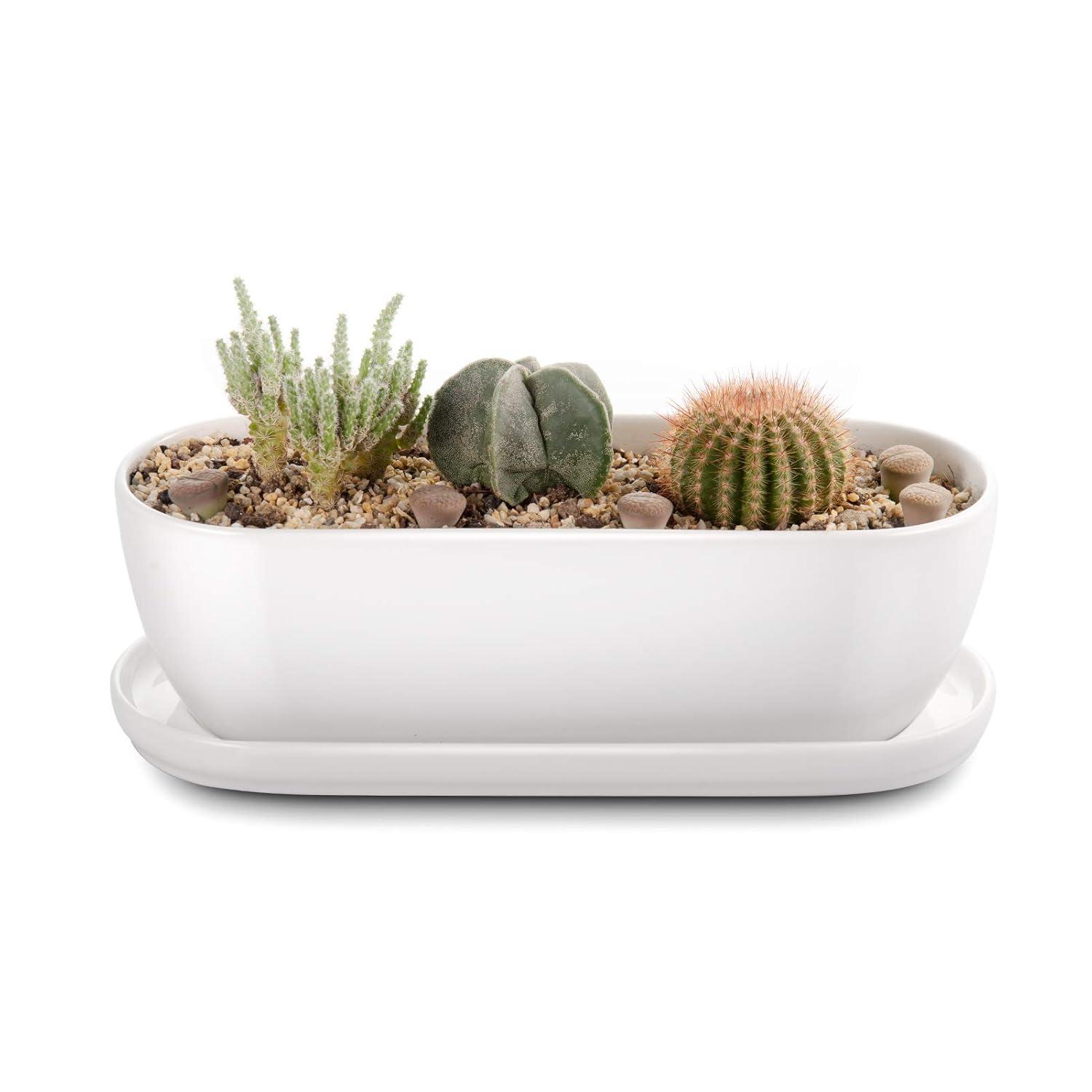 E-liu Oval Ceramic Planter Pot with Drainage Hole Saucers 11 Inch Succulents Planter Home Decor for Indoor Outdoor Plants Herb Cactus with 3 Mesh Pads, Plants Not Included