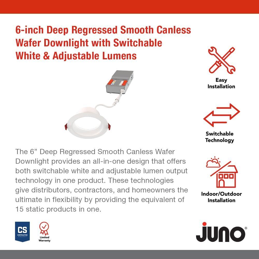Juno WF6 DREG SM ALO20 SWW5 90CRI MW M6 6'' Selectable Color Temperature Dimmable Air-Tight IC Rated LED Canless Recessed Lighting Kit