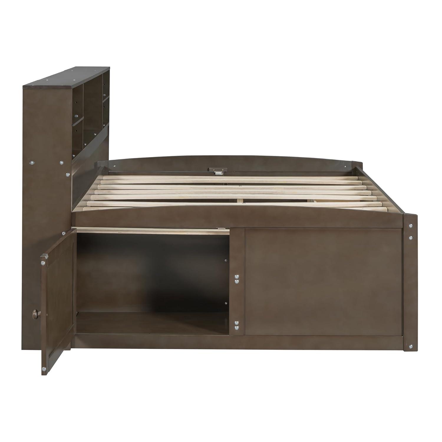 Harper & Bright Designs Full Size Storage Daybed with 4 Drawers, Bookcase and 2 Bedside Cabinets, Solid Wood Full Captain’s Bed Frame for Kids Teens Adults, No Box Spring Needed (Antique Brown)