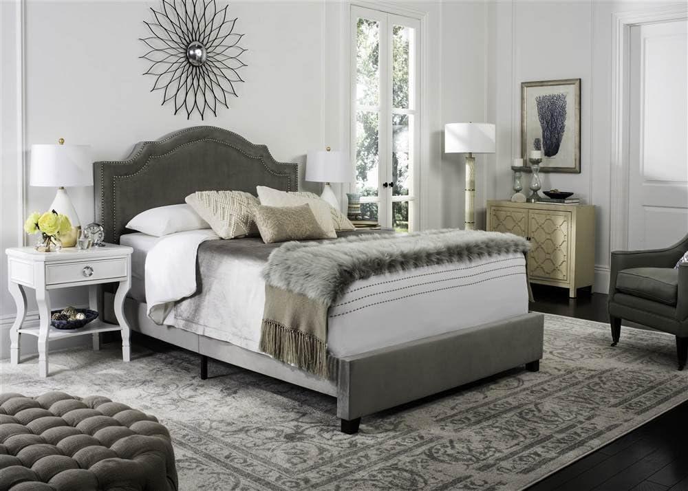 SAFAVIEH Theron Modern Elegant Upholstered Bed Frame with Nail Heads, Queen, Pewter