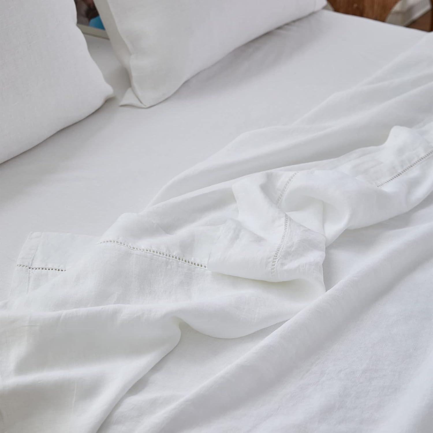 Simple&Opulence Belgian Linen Sheet Set Solid Color - 4 Pieces (1 Flat Sheet, 1 Fitted Sheet & 2 Pillowcases) Natural Flax Cotton Blend Soft Breathable Farmhouse Bedding - Full Size, White