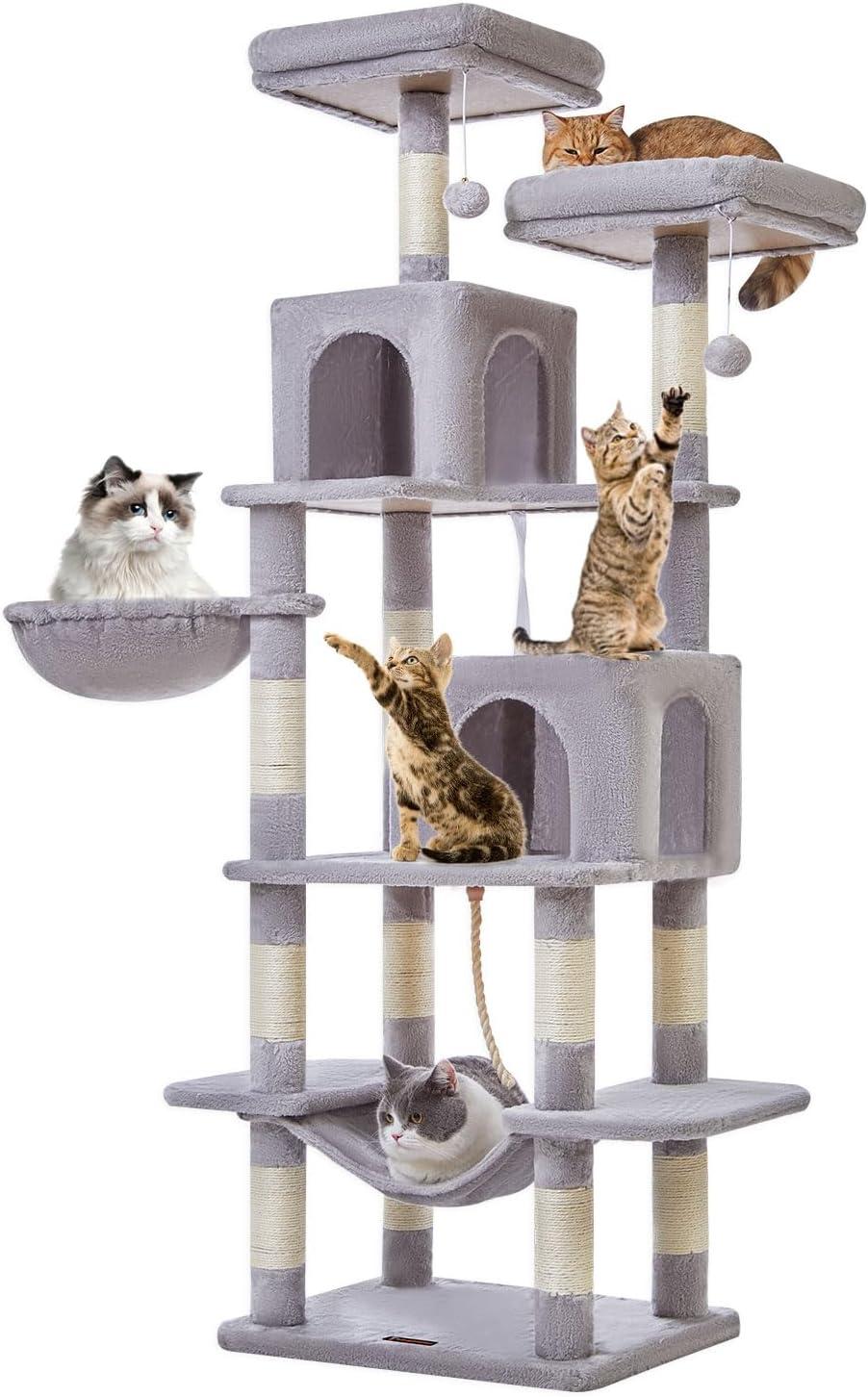 71" Indoor Tall Large Cat Tree Multi-Level Cat House With 2 Big Condo Pad Bed, Cozy Hammock And Scratching Posts