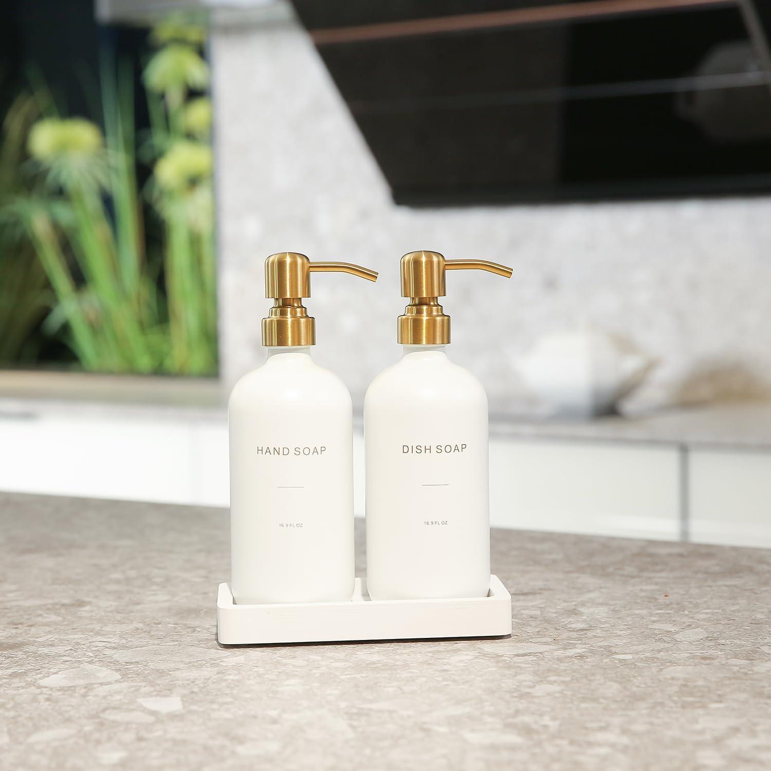 White and Gold Glass Soap Dispenser Set with Tray