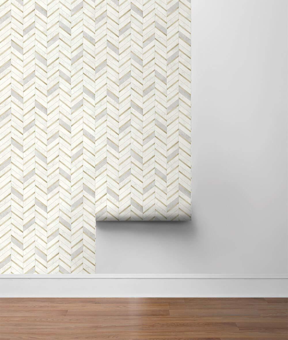 NextWall Faux Chevron Marble Tile Peel and Stick Wallpaper: Self-Adhesive, Repositionable, Washable, Gold, 30.75 Sq Ft Coverage