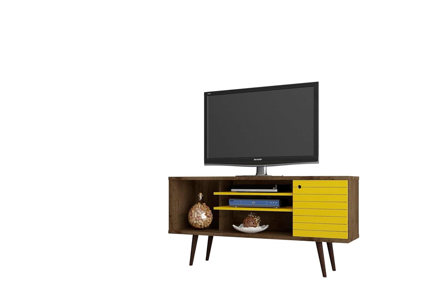 Liberty 53.14" Mid Century - Modern TV Stand with 5 Shelves & 1 Door with Solid Wood Legs, Brown, Yellow