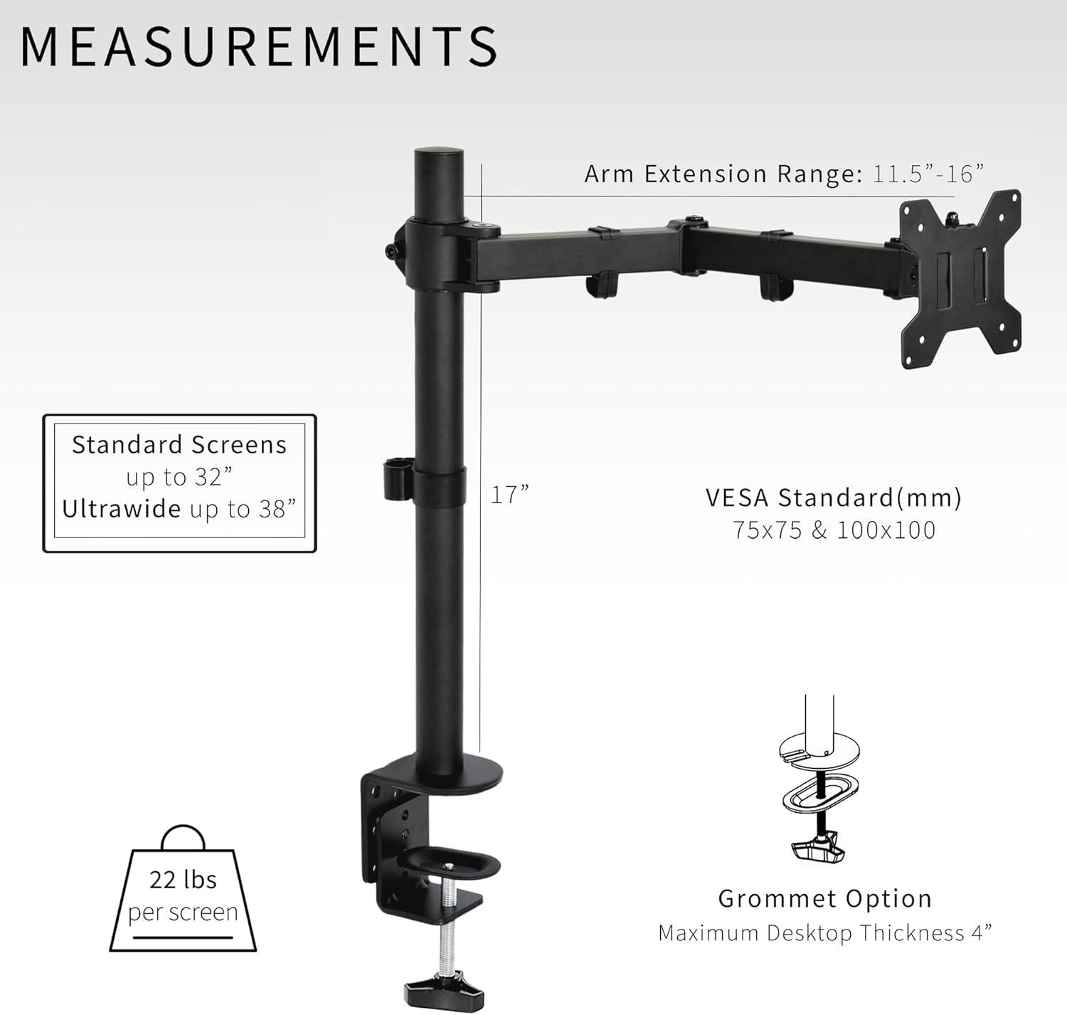 Black Adjustable Aluminum and Steel Desk Mount for 13"-27" Monitors