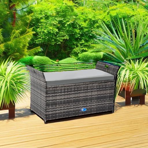 Gray Wicker and Polyethylene Outdoor Storage Bench with Cushion