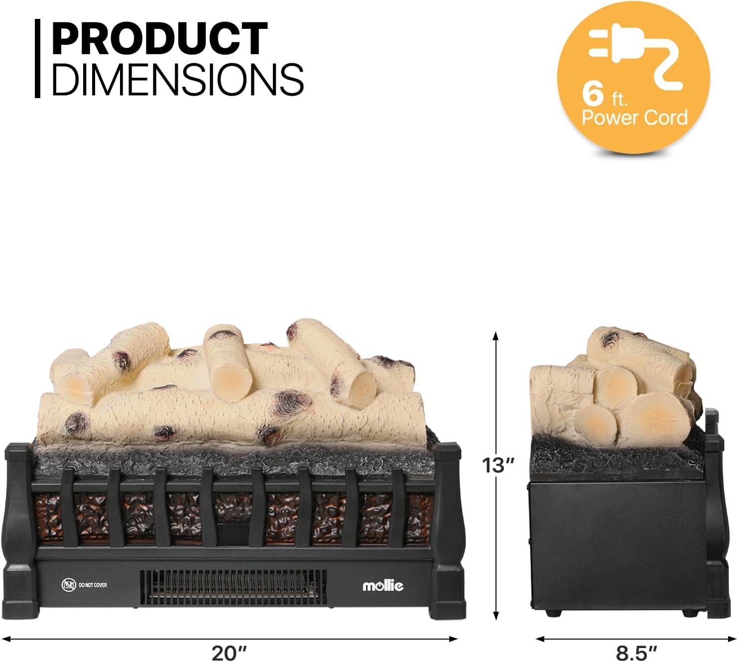 20" Electric Fireplace Log Set Heater with Realistic Ember Bed, Remote, Adjustable Flame Brightness