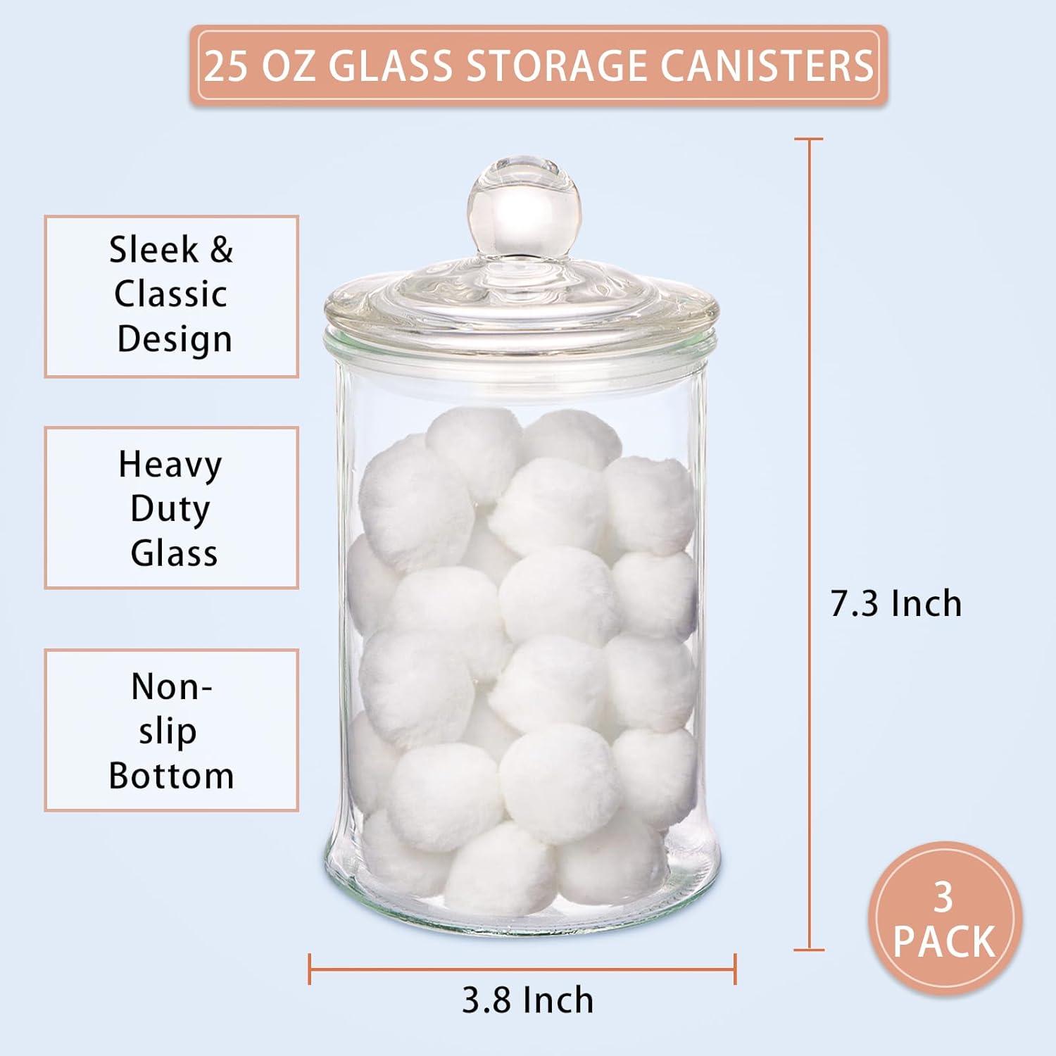 3 Pack Glass Apothecary Jars with Lids, 25oz Clear Bathroom Accessories Canisters Storage Organizer, Cotton Ball Holder Containers, Glass Jars for Bathroom, Vanity, Laundry Room