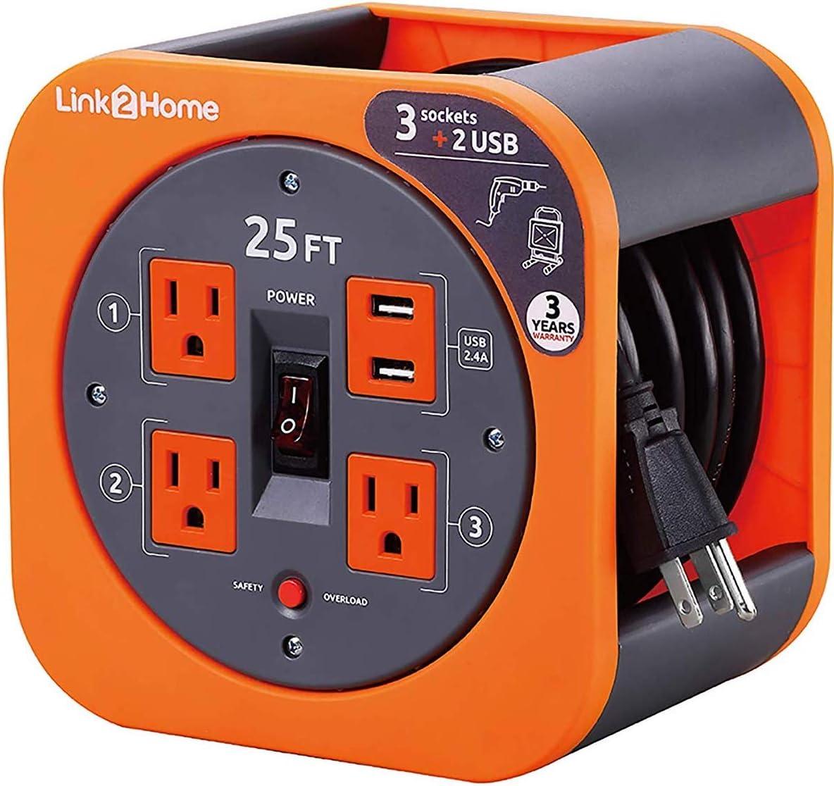 25 ft Black and Orange Extension Cord Reel with USB Ports