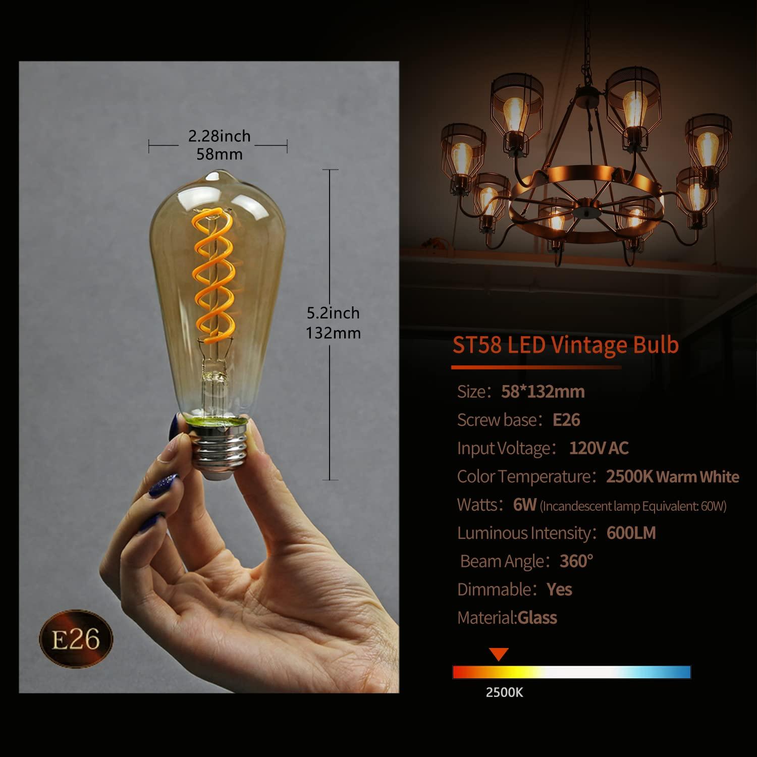 6 Pack ST19 ST58 Edison Bulb, Vintage LED Filament Bulb,Softy White 2700K, Antique Flexible Spiral LED Filament Light Bulb, Dimmable 600LM, 6W Equivalent to 60W, E26 Base,Clear Glass