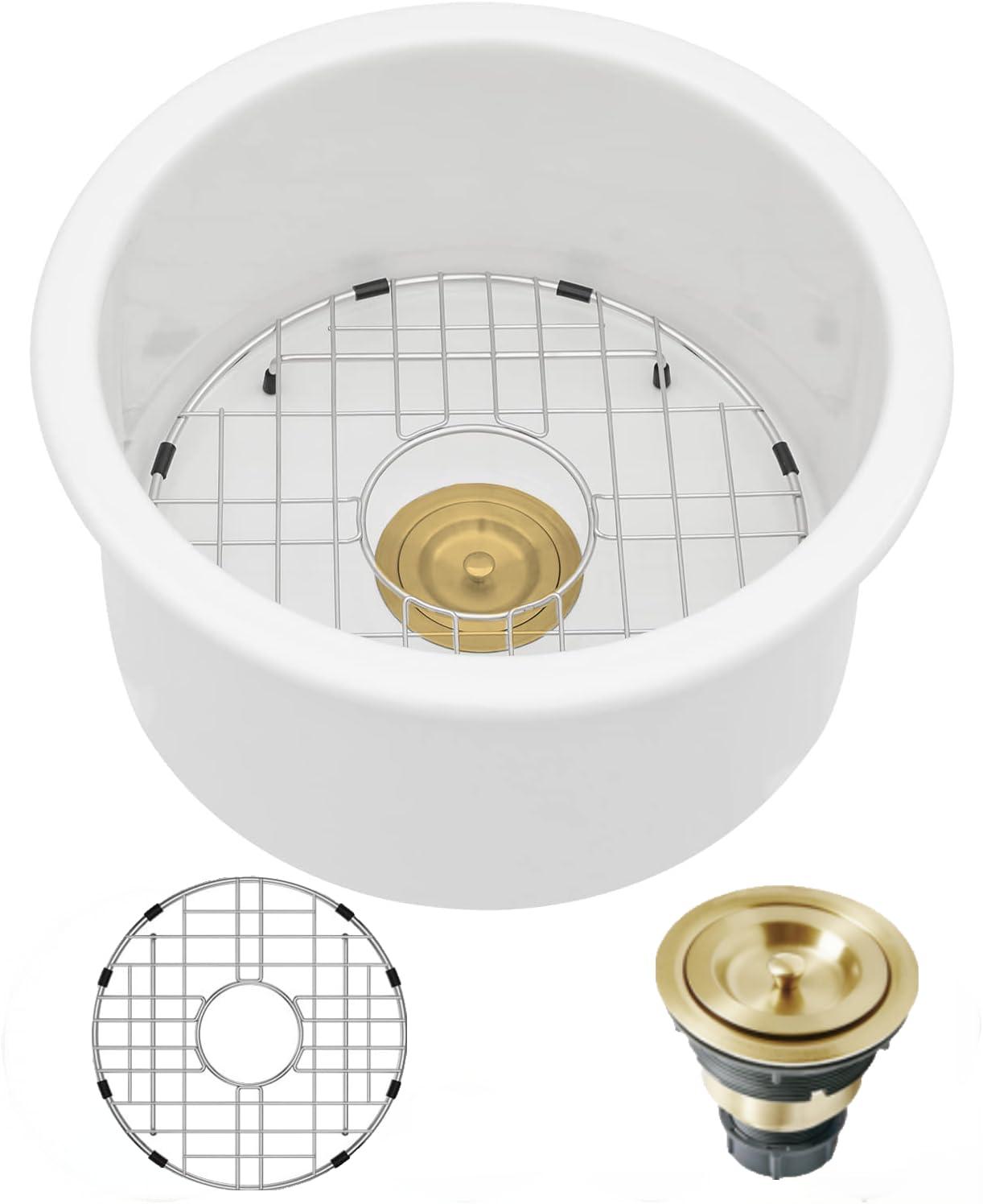 Lordear 18 Inch White Undermount Bar Sink RV 18 x 18 Inch Deep Single Bowl White Small Undermount Bar Prep Sinks Round With Gold Drainer