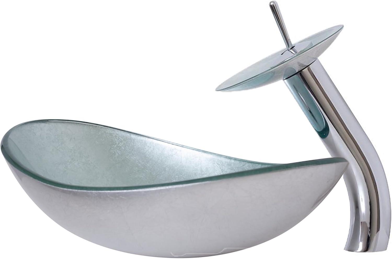 Novatto Argento Oval Glass Vessel Bathroom Sink Set, Chrome