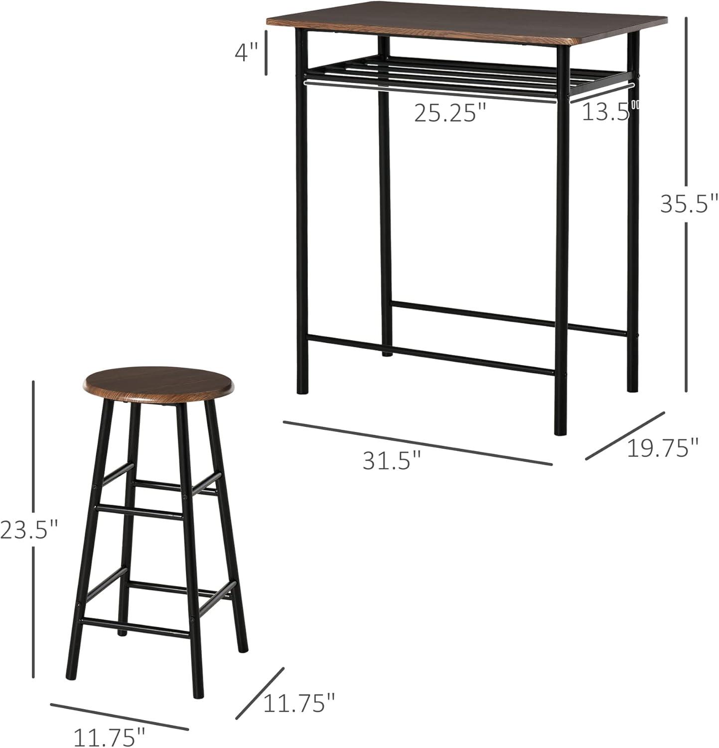 HOMCOM 3 Piece Counter Height Bar Table and Chairs Set, Space Saving Dining Table with 2 Matching Stools, Storage Shelf Metal Frame Footrest