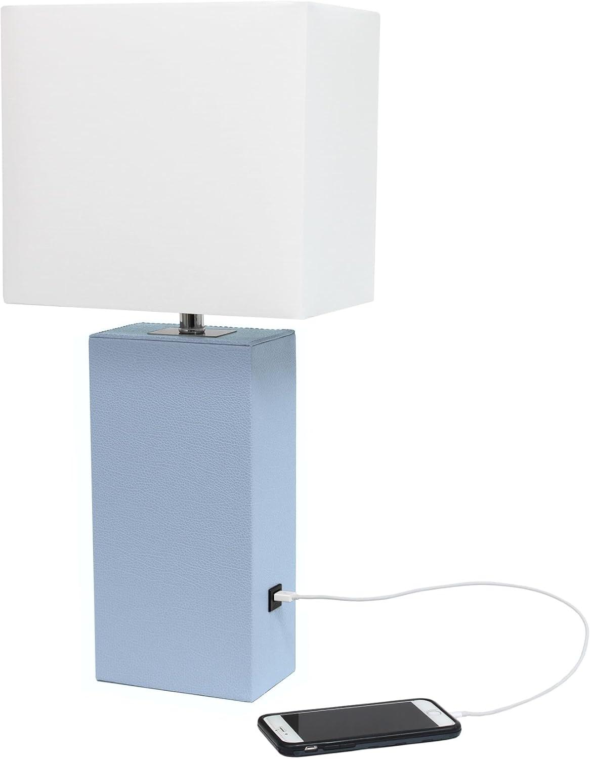 Modern Leather Table Lamp with USB and Fabric Shade - Elegant Designs