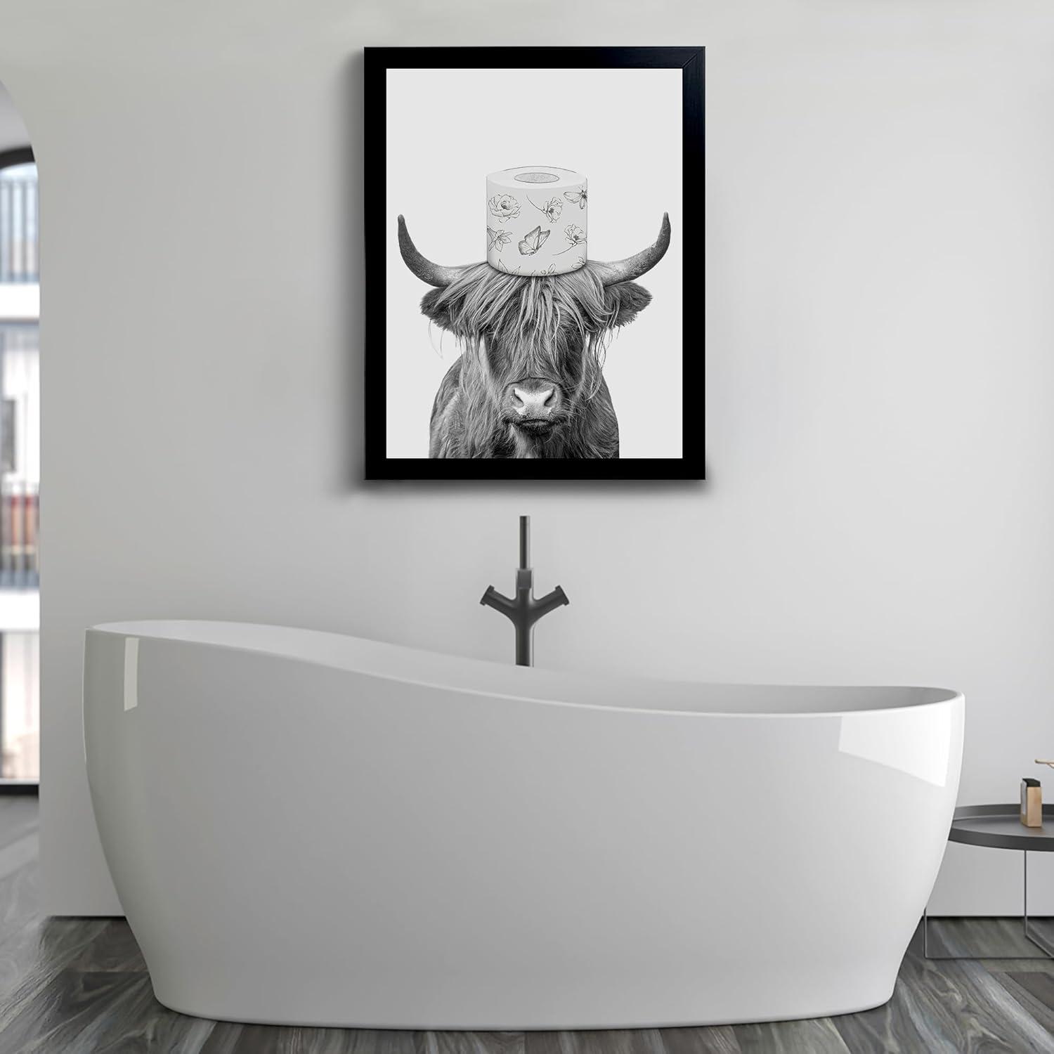 Black Framed Bathroom Decor - Funny Highland Cow Wall Art in Bathtub, Black and White Canvas Cow In Bathroom Picture, Humor Animals Artwork Prints, Rustic Farmhouse Style Wall Decor Ready To Hang for Living Room, Bathroom, Bedroom, Kids Bathroom