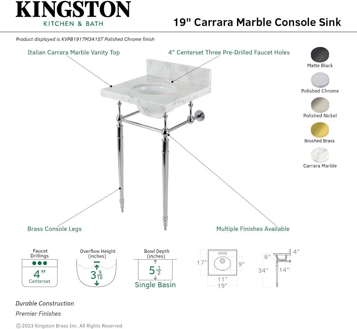 Kingston Brass Edwardian 19-Inch Carrara Marble Console Sink with Brass Legs (4-Inch, 3-Hole)