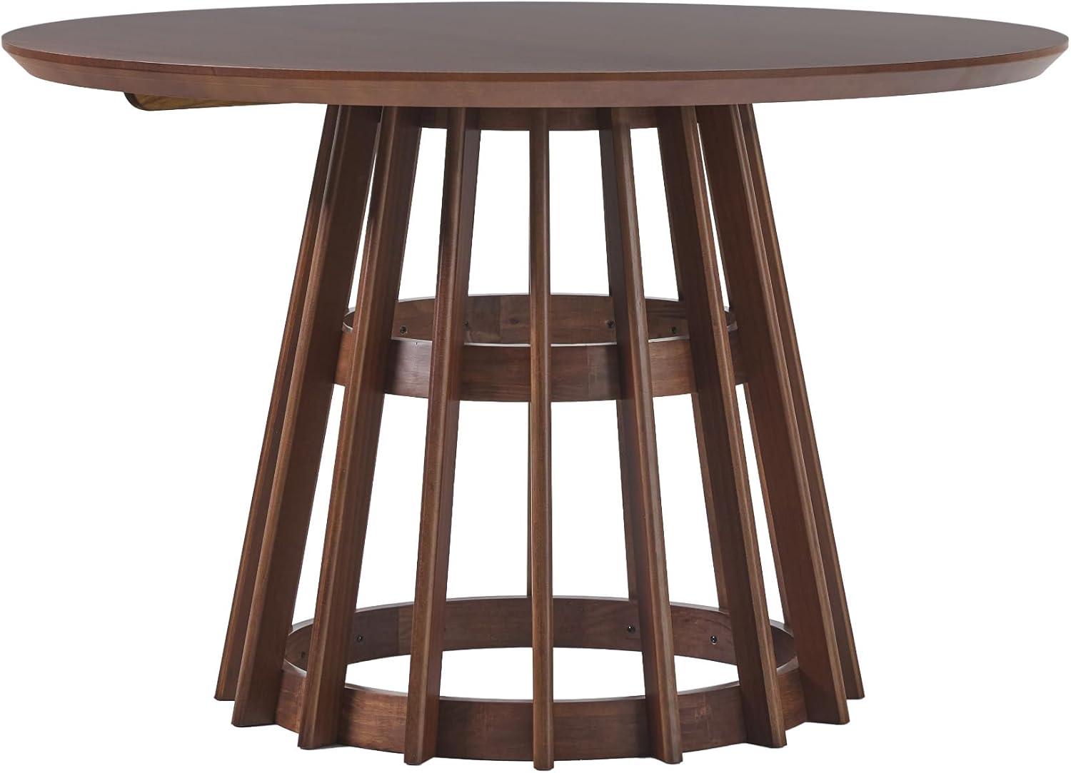 Brown Pine Wood Round Dining Table with Slatted Pedestal Base