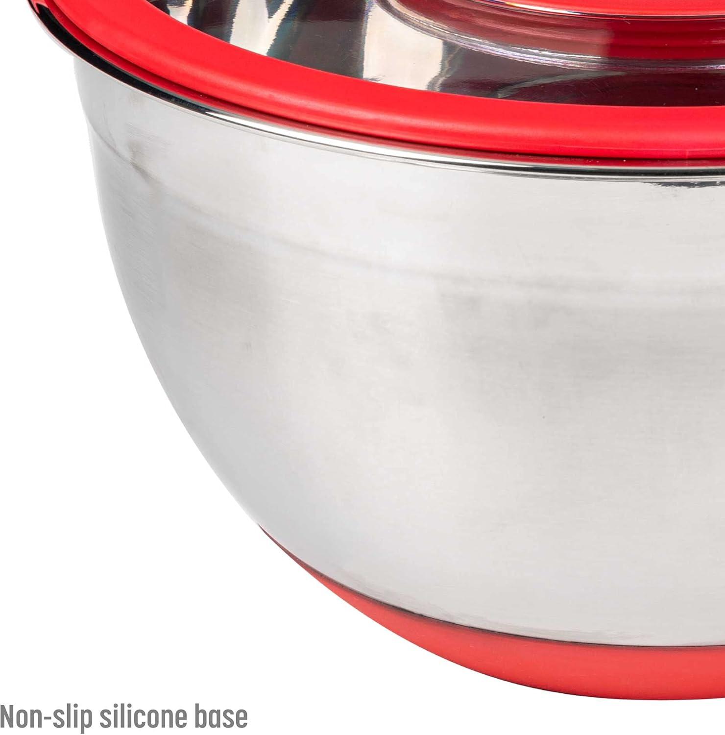 Goodful Stainless Steel Mixing Bowl with Non-Slip Bottom, Lid and 3 Interchangeable Grater Inserts (Fine, Coarse, Slicing), 5 Quart, Red