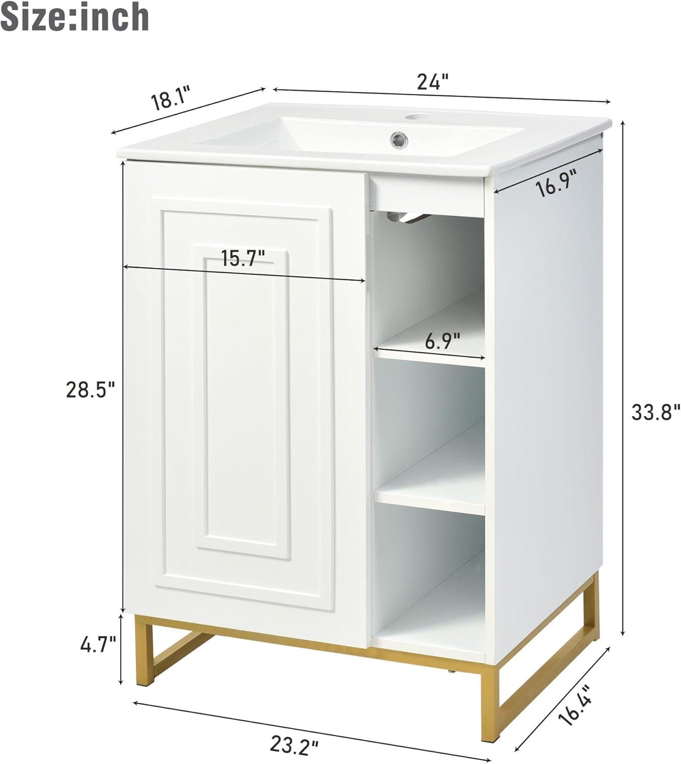 White 24-Inch Modern Bathroom Vanity with Ceramic Sink and Gold Legs