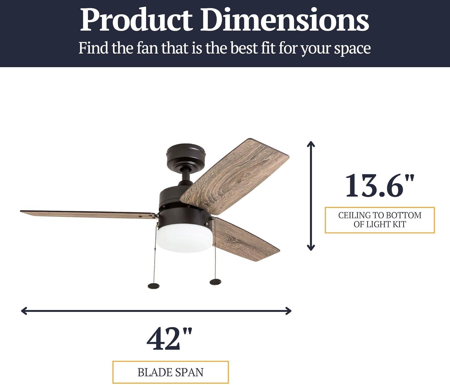 Prominence Home Reston 42" Bronze Modern Small Room Ceiling Fan with 3 Blades, LED Light Kit, Pull Chains & Reverse Airflow
