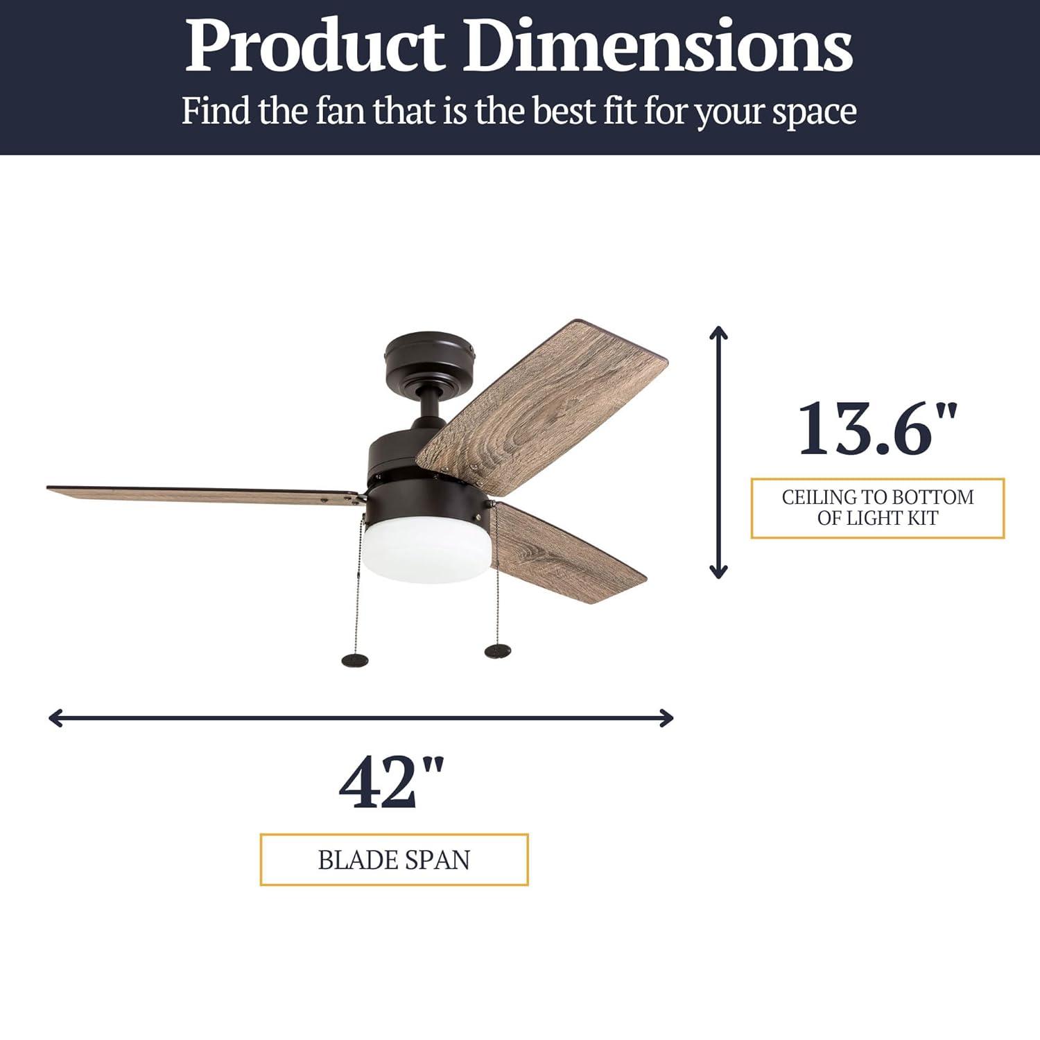 Prominence Home Reston 42" Bronze Modern Small Room Ceiling Fan with 3 Blades, LED Light Kit, Pull Chains & Reverse Airflow