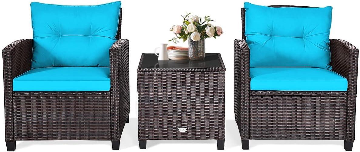 Giantex 3 Pieces Patio Furniture Set, PE Rattan Wicker 3 Pcs Outdoor Sofa Set w/Washable Cushion and Tempered Glass Tabletop, Conversation Furniture for Garden Poolside Balcony (Turquosize)