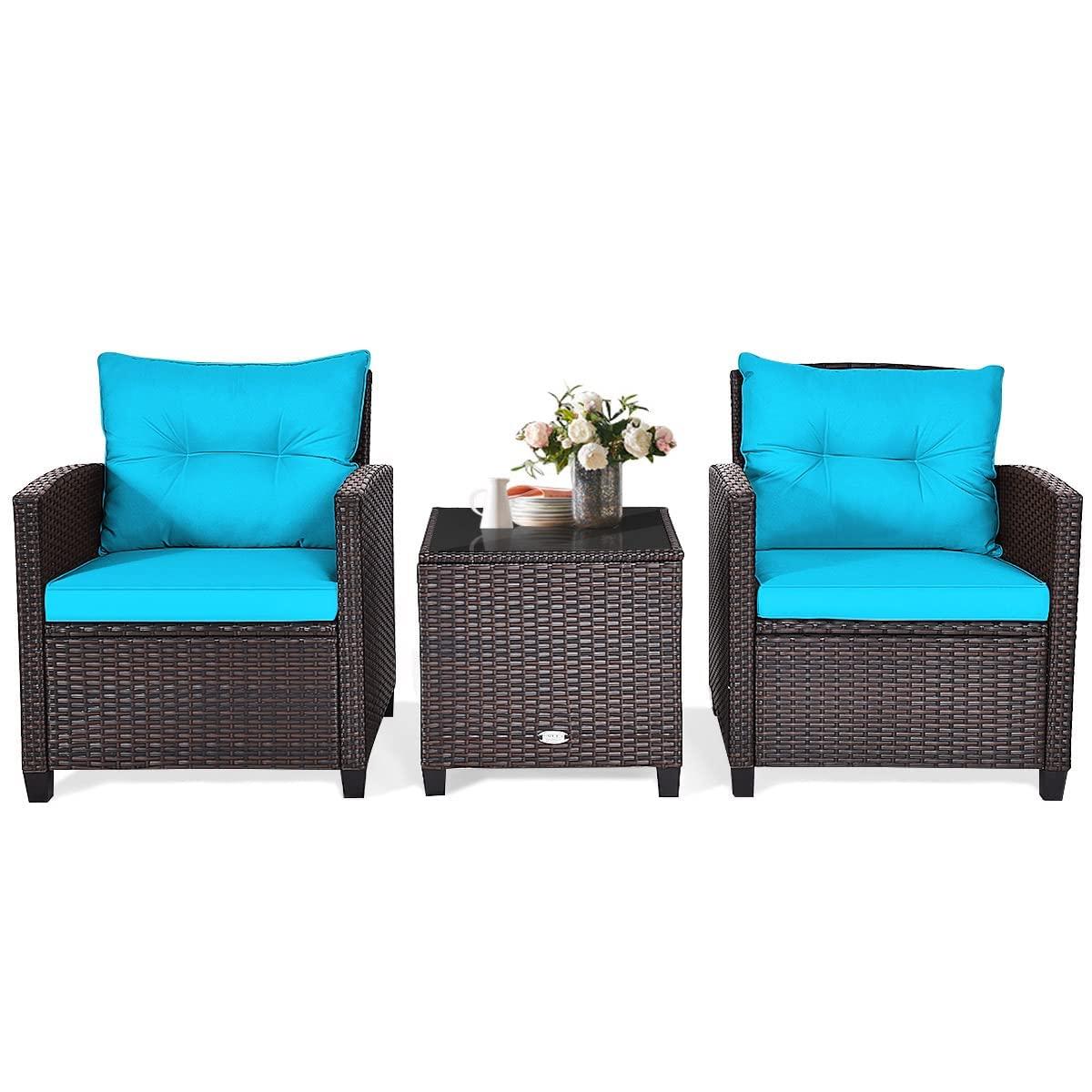 Giantex 3 Pieces Patio Furniture Set, PE Rattan Wicker 3 Pcs Outdoor Sofa Set w/Washable Cushion and Tempered Glass Tabletop, Conversation Furniture for Garden Poolside Balcony (Turquosize)