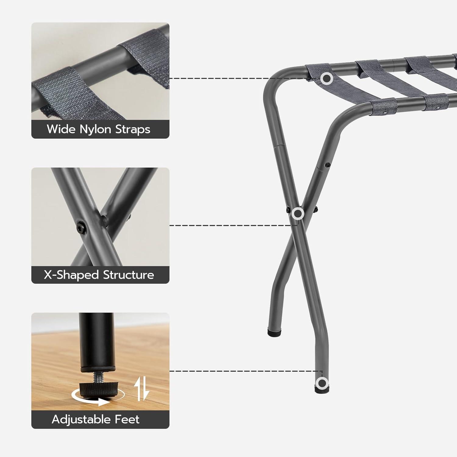 BINO 2-Pack Folding Luggage Rack Collapsible Metal Suitcase Stand With Durable Black Nylon Straps- For Bedroom, Guest Room, Or Hotel (Gray Steel)