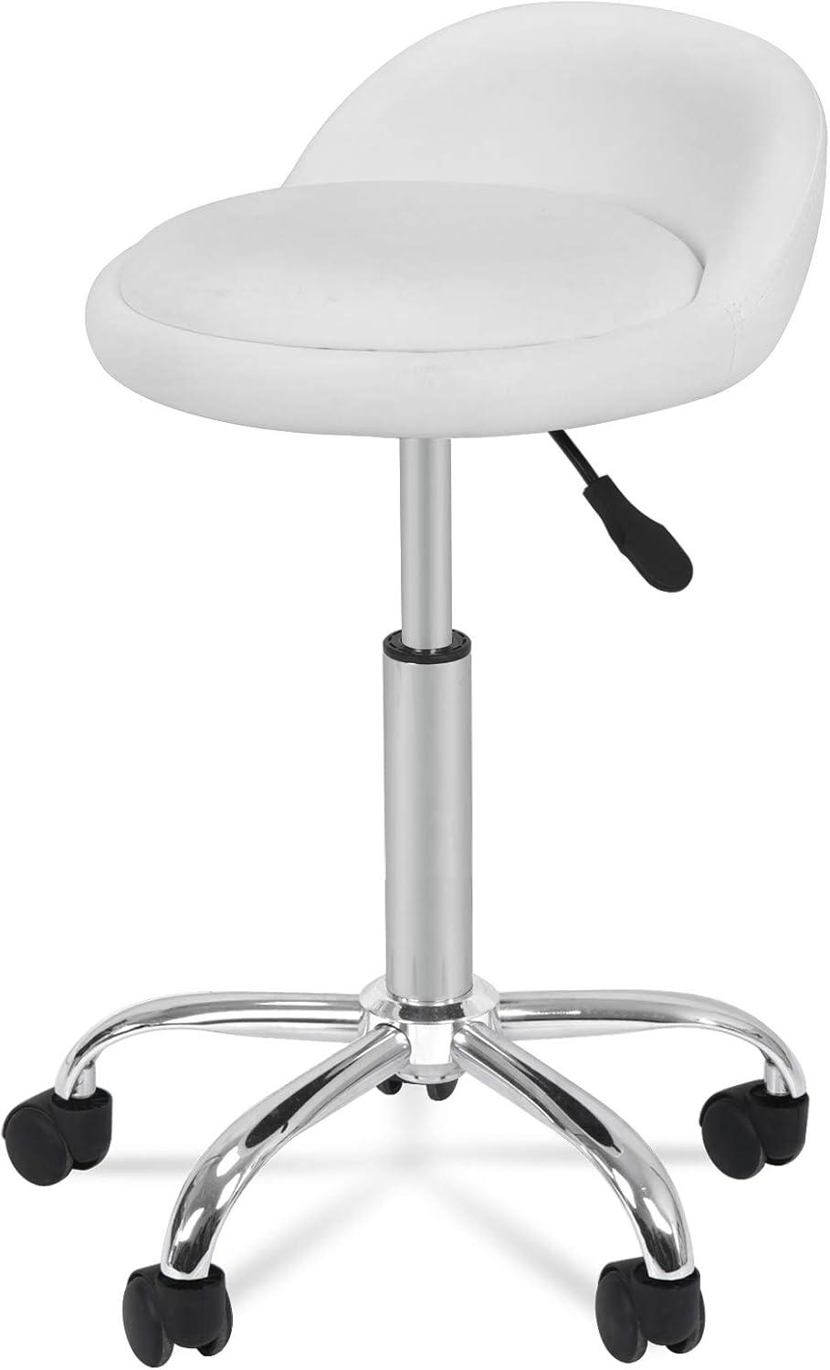 HomGarden Height Adjustable Rolling Swivel Salon Stool, PU Leather Hydraulic Ergonomic Chair with Backrest Wheels for Office Work Tattoo Massage Facial Spa Manicure Dentist Clinic, White